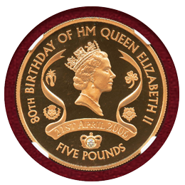 オルダニー 2006年 5ポンド 金貨 エリザベス女王80歳記念 NGC PF69UC
