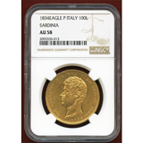 イタリア サルディニア王国 1834年 100リレ金貨 カルロ・アルベルト NGC AU58