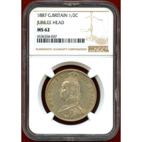 イギリス 1887年 1/2クラウン銀貨 ヴィクトリア ジュビリーヘッド NGC MS62