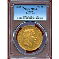 フランス 1865A 100フラン 金貨 ナポレオン3世有冠 PCGS MS62