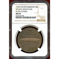 ワイマール共和国 1929A 5マルク 銀貨 試作貨 ツェッペリン NGC MS64