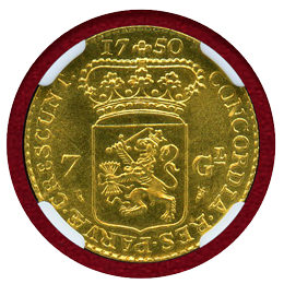 オランダ ホラント (1750) 7グルデン 金貨 リストライク 馬上の騎士 NGC MS66