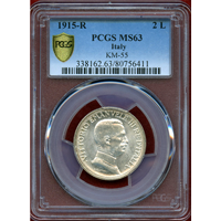【SOLD】イタリア 1915R 2リレ 銀貨 エマヌエレ3世 クァドリガ PCGS MS63