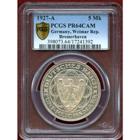ドイツ ワイマール共和国 1927A 5マルク 銀貨 ブレーマーハーフェン PCGS PR64CAM