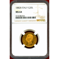 イタリア 1882R 20リレ 金貨 ウンベルト1世 NGC MS64