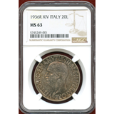 イタリア 1936R 20リレ 銀貨 ヴィットリオエマヌエレ3世 エチオピア皇帝即位記念 MS63
