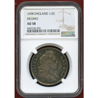 イギリス 1698年 1/2クラウン 銀貨 ウィリアム3世 NGC AU58