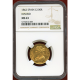 スペイン マドリード 1862年 100レアル 金貨 イサベル2世 NGC MS63