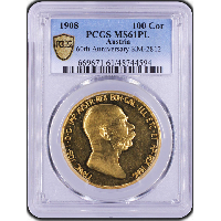 オーストリア 1908年 100コロナ 金貨 雲上の女神 PCGS MS61PL