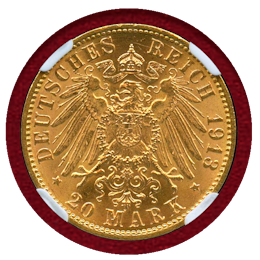 【SOLD】ドイツ ハンブルク 1913J 20マルク 金貨 都市紋章 NGC MS64+