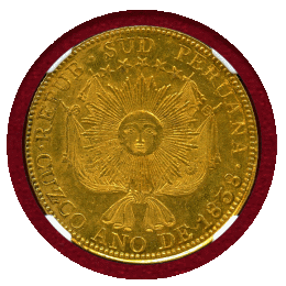 【SOLD】南ペルー共和国 クスコ 1838MS 8エスクード 金貨 輝く太陽 火山 MS62