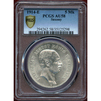 ドイツ ザクセン 1914E 5マルク 銀貨 フリードリヒ・アウグスト3世 PCGS AU58