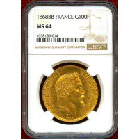 【SOLD】フランス 1868BB 100フラン 金貨 ナポレオン3世有冠 NGC MS64