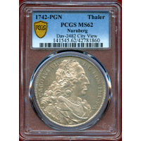 【SOLD】ドイツ ニュルンベルク 1742PGN ターラー 銀貨 都市景観 PCGS MS62