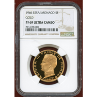 モナコ 1966 5フラン 金貨 試作貨(ESSAI) レーニエ3世 NGC PF69UC