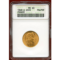 フランス 1868A 20フラン 金貨 ナポレオン3世有冠 ANACS MS63