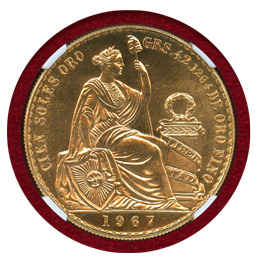 ペルー 1967年 100ソル 金貨 女神座像 NGC MS65