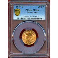 スイス 1947B 20フラン 金貨 アルプスと少女 PCGS MS66