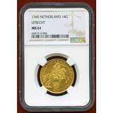【SOLD】オランダ ユトレヒト 1760年 14グルデン 金貨 馬上の騎士 NGC MS61
