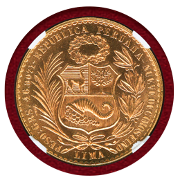 ペルー 1965年 100ソル 金貨 女神座像 NGC MS65