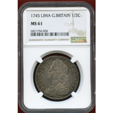 イギリス 1745年 LIMA 1/2クラウン銀貨 ジョージ2世 NGC MS61