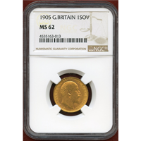 イギリス 1905年 ソブリン 金貨 エドワード7世 NGC MS62