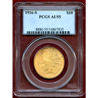 【SOLD】アメリカ 1916S 10ドル 金貨 インディアンヘッド PCGS AU55