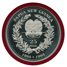 パプアニューギニア 1994年 25キナ プルーフ 銀貨 極楽鳥Colorized PF64UC