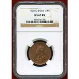 英領インド 1936(C) 1/4アンナ銅貨 ジョージ5世 NGC MS65RB