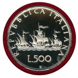 イタリア 1990R 500リレ 銀貨 コロンブスの船 PCGS PR68DCAM