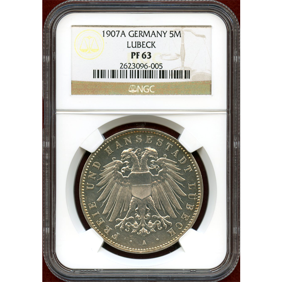 JCC | ジャパンコインキャビネット / ドイツ リューベック 1907A 5マルク 銀貨 プルーフ NGC PF63