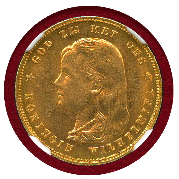 672g1897 オランダ 10グルデン 金貨 ウィルヘルミナ女性 NGC UNC - 旧