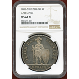 【SOLD】スイス アッペンツェル 1816年 4フランケン 銀貨 騎士立像 NGC MS64PL