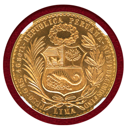 ペルー 1963年 100ソル 金貨 女神座像 NGC MS65
