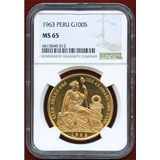 ペルー 1963年 100ソル 金貨 女神座像 NGC MS65