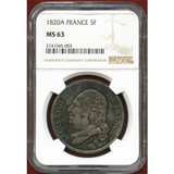 フランス 1820A 5フラン 銀貨 ルイ18世 NGC MS63