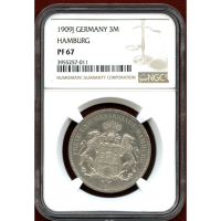 ドイツ ハンブルク 1909J 3マルク 銀貨 紋章 NGC PF67