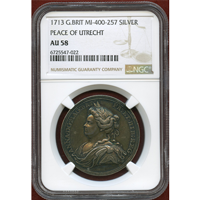 イギリス 1713年 銀メダル アン女王 ユトレヒト条約締結記念 NGC AU58