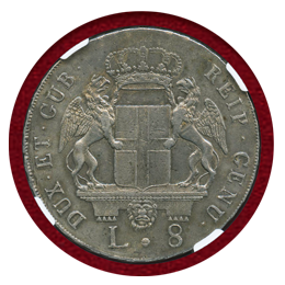 イタリア ジェノア 1797年 8リレ銀貨 ヨハネ立像 NGC AU DETAILS
