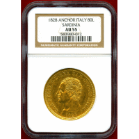 イタリア サルデーニャ王国 1828年 80リレ 金貨 カルロ・フェリーチェ NGC AU55