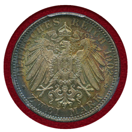 ドイツ ハンブルク 1902J 2マルク 銀貨 都市紋章 PCGS MS66