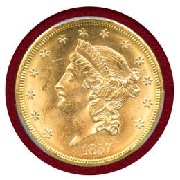 アメリカ 1857S $20 金貨 沈没船引揚 Spiked Shield MS64 サイン入り