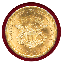 アメリカ 1857S $20 金貨 沈没船引揚 Spiked Shield MS64 サイン入り