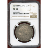イングランド 1693年 1/2クラウン銀貨 ウィリアム&メアリー NGC AU55