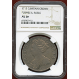 イギリス 1713年 クラウン銀貨 アン女王 PLUMES & ROSES NGC AU50