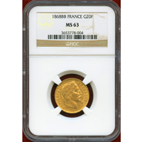 フランス 1868BB 20フラン 金貨 ナポレオン3世有冠 NGC MS63