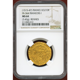 フランス (1515-47) エキュドール金貨 フランソワ1世 NGC MS64
