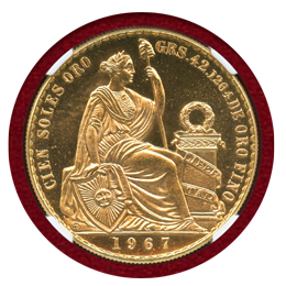 【SOLD】ペルー 1967年 100ソル 金貨 女神座像 NGC MS66PL