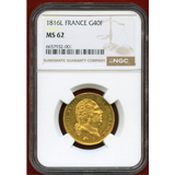 フランス 1816年L 40フラン 金貨 ルイ18世 NGC MS62