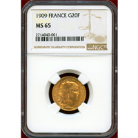 【SOLD】フランス 1909年 20フラン 金貨 ルースター NGC MS65